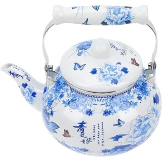 Emaillierter Teekessel, Wasserkocher mit Retro-Dekor, emaillierter Teekessel mit Retro-Dekor, bunter Heißwasser-Teekessel, Keramik-Teekanne, Keramik-Emaille-Teekanne, Teekessel, blaues und weißes Porz