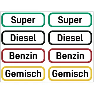 8 x Kraftstoff Aufkleber für Tankdeckel & Kanister Beschriftung (60x20 mm) | Benzin, Diesel, Super, Gemisch / Benzingemisch - Brennstoff Sticker für Auto, Motorrad, Kettensäge & Rasenmäher