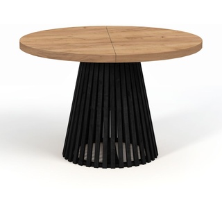 Runder Ausziehbarer Tisch für Esszimmer, DOVER - Industrial/Loft Still mit Lamellenbeine, Durchmesser: 100/200 cm, Farbe: Eiche Craft Golden / Sch...