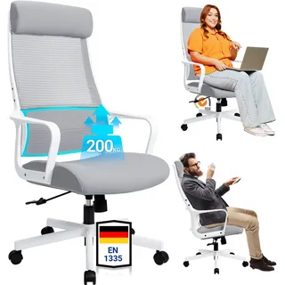 Bürostuhl Ergonomisch Grau Verstellbare Kopfstütze Lendenstütze 200 kg EN 1335