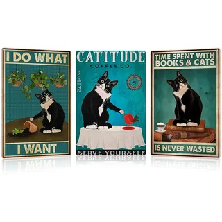 HMIEPRS 3Stück Blechschilder mit Aufschrift Schwarz Katze, 20x30cm Lustiges Blechschilder, Retro Blechschild Katzen Deko, Metallblechschild für Küche Cafe Badezimmer Wanddekoration(Style A)