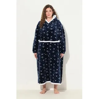 Ulla Popken Bademantel Loungewear-Poncho Plüsch Kapuze Langarm Tasche, Langform, Materialmix blau 58-64