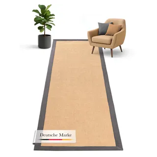 carpetfine Sisalteppich Läufer Naturfarbe 80x500 cm handgewebt mit Bordüre aus Baumwolle in Grau | Rutschfester Flachgewebe Teppichläufer Uni aus Naturfasern für Wohnzimmer, Schlafzimmer