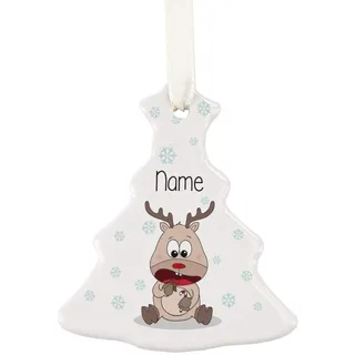 Herz & Heim® Keramik Geschenk-Anhänger Tannenbaum mit gratis Namensaufdruck - individueller Baumschmuck Rentier