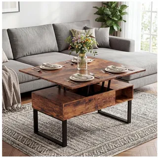 VOWNER Couchtisch 3-in-1-Multifunktions-Wohnzimmertisch, Höhenverstellbar, 1 Schublade + offene Ablagefächer + verstecktes Fach braun