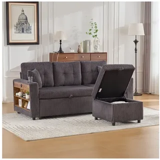 STILVORA Sofa mit Ausziehbett&Hocker,Schlafsofa Polstermöbel mit Schrank&USB-C, mit Ausziehbett, Stauraum, USB-C-Anschluss und Ambientebeleuchtung – inkl. Getränkehalter & breiten Armlehnen, 196x82-144x85 cm grau