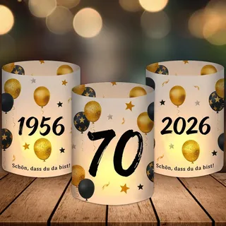 12 Windlicht Tischdeko, Deko 70 Geburtstag Mann Frau, Geburtstagsdeko 70 Geburtstag 1956-2026 Schwarz Gold, 70 Jahre Happy Birthday Tischdeko Geschenke, Geeignet für Teelichter oder Kerzen