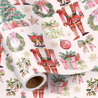 RUSPEPA Nussknacker-Weihnachtsgeschenkpapierrolle, Mini-Rolle, Vintage-rote Nussknacker, Bäume und Kränze, rosa Geschenkpapier für Kinder, Mädchen, Freunde, Feiertage, Weihnachtsfeier, 43,2cm x 5m