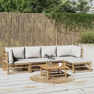 ACAGALA Garten Lounge Set 6 Teilig, Balkonmöbel Set mit Hellgrau Kissen, 2X Eckteil + 2X Mittelteil + Tisch + Fußstütze, Terrassenmöbel außen aus Bambus, Gartensitzgruppe Gartenmöbel Set