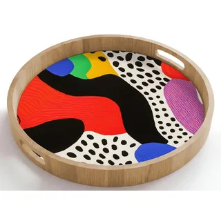 OnlyWow Tablett Rund mit Henkel Abstrakt - Formen - Farben - Punkte, Eichenholz, (1-tlg), Servierbrett Groß, Tischdeko, Platte, Tisch Deko 50 cm x 50 cm x 5 cm