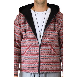 PANASIAM Wolljacke Webstoffjacke mit Ethno Muster, Unisex Übergangsjacke aus Baumwolle mit Kapuze Stoffjacke für den Herbst M