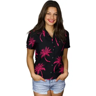 King Kameha Funky-Hawaii-Bluse-Hemd, Damen, Kurzarm, Palm-Shadow, Schwarz-Rot, S - S