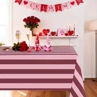 Rot Rosa Gestreifte Tischdecke, 140x 300cm Rechteckige Polyester Tischdecke für Party, Karneval, Weihnachten, Geburtstag im Freien, Zirkus, Picknick Dekoration