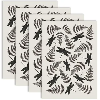 PRESSINART 4 Stück Unterglasur Transferpapier Keramik Transferbogen Mit Libellen Und Pflanzenmotiv Schwarzes Muster Wasserschiebefolie Für DIY Ton Porzellan Und Emaille Dekorationen Handgefertigte