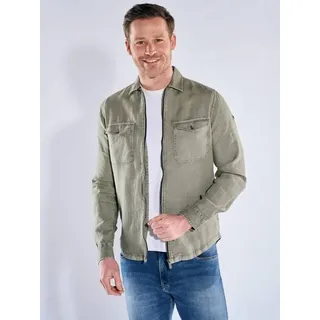 engbers Herren Leinen Overshirt mit Zipper Grün regular uni Kent-Kragen - S