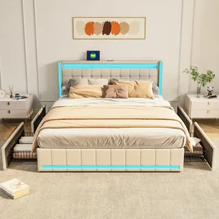 DULRLLY Bett 160x200 mit Stauraum Schubladen, Doppelbett 160x200, Polsterbett mit LED Kopfteil und USB-Ladefunktion,Stauraumbet Jugendbett Bettgestell mit Lattenrost Leinen, Ohne Matratze (Beige)
