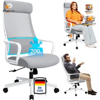 Bürostuhl Ergonomisch, Verstellbare Kopfstütze, Breites Sitzkissen, 200 kg, Grau