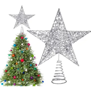 Baumspitze Stern Silber – Funkelnde Christbaumspitze Metall mit 3D Glitzer-Effekt | Leichte Tannenbaum Spitze Silber für Festliche Deko, Stabil & Bruchfest, 22cm Universalgröße