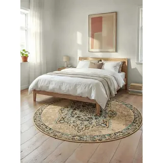 benuta Teppich Casa, rund, Höhe: 11 mm, Teppich Wohnzimmer, Esszimmer, Schlafzimmer, Flur, Farbenfroh, Retro beige|grün Ø 180 cm x 11 mm