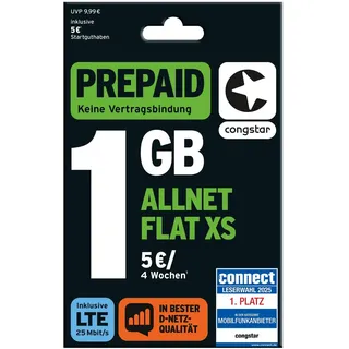Congstar Prepaid ALLNET XS SIM-Karte ohne Vertrag I 1 GB Datenvolumen | Flatrate für Telefonie SMS Flat in alle deutschen Netze I EU-Roaming