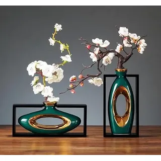 Moderne Keramikvase Set, 2 Stück, Grün-Gold Design mit Holzrahmen, 22,5 cm & 11,5 cm Höhe, Dekorative Blumenvase für Blumen