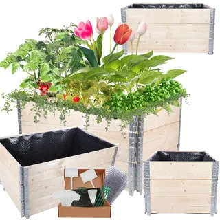 MODO24 Hochbeet Holz, mit Noppenfolie, Kräuterbeet, Gartenbeet, Pflanzbeet, Blumenbeet, Gemüsebeet, für Garten und Terrasse, Kiefernholz, Massivholz, Abmessungen 60x120x80 cm, Farbe: Natur