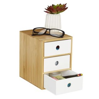 Relaxdays Schreibtisch-Organizer 10033014, Bambus/ Holz, 3 Schubladen, braun/weiß