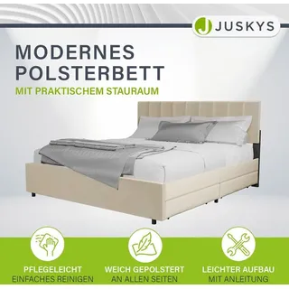 Juskys Samt Polsterbett Soria 180x200 cm mit Matratze, Lattenrost & Schubladen - Bett Beige