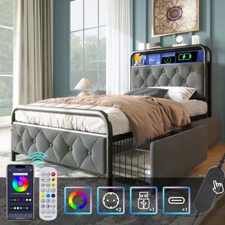 Sweiko Polsterbett Einzelbett mit aufladen USB Type C Ladefunktion APP-Control LED Bettgestell Metallbett 90×200CM Bettrahmen und 2 Schubladen, Sa... - Grau