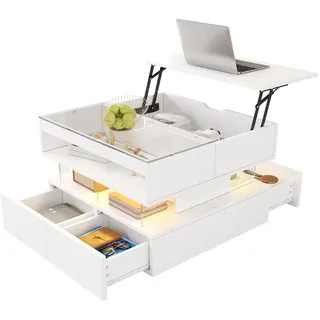 Höhenverstellbarer Couchtisch 70x67x57 mit Lift-Top-Design, 16-farbiger LED-Beleuchtung, Klarglas-Oberfläche, Weiß
