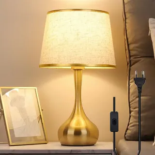Tischlampe, Tischleuchte minimalistisch, Nachttischlampe aus Metall runden Lampenschirm Weiß, Metall, Wohnzimmerlampe Stoff Gold kreativ nordisch, Lampe mit Schalter, E27 Schlafzimmer Büro (Weiß)