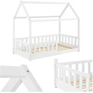 Juskys Kinderbett Marli 80 x 160 cm Rausfallschutz, Lattenrost & Dach   weiß   Hausbett   Holz