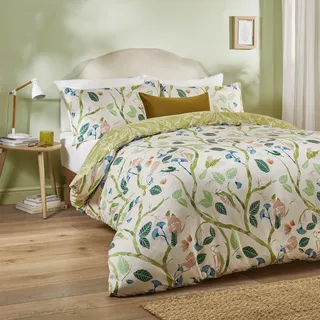 furn. Duvet Day Woodlow Bettbezug-Set – Wendbare Bettwäsche mit Blätterdruck, handgezeichneten tropischen Vögeln und Blumenmuster (Mehrfarbig/Salbeigrün – Kingsize)