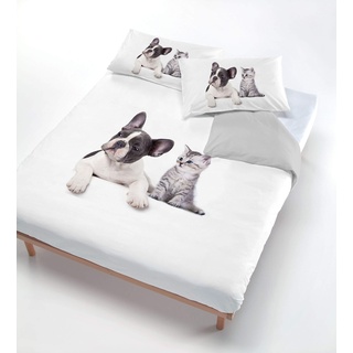 Digital cp-dig-2p Bettbezug, 100% Baumwolle, Doppelbett 503 Hund Katze grau (250 x 200 cm + 2/52 x 82 cm) grau