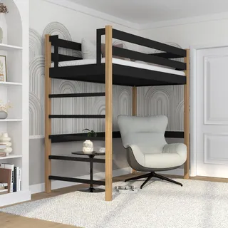 N-wood N01 Hochbett, Etagenbett 120x200 cm, aus Eichenholz, 2 Leitermontageseiten: Links oder rechts, sichere abgerundete Kanten, Stabile Massivholzkonstruktion, Hochwertige Materialien, Schwarzeiche