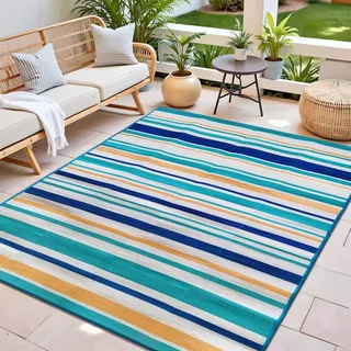 Hiseng Outdoor Teppich Wetterfest Balkon Camping Teppich, Wasserfest Moderne Blaue Streifen Kunststoff Stroh Außenteppich, Wendbarer Terrasse Garten RV Matte Picknickdecke (Blau-Gelb,150x200cm)