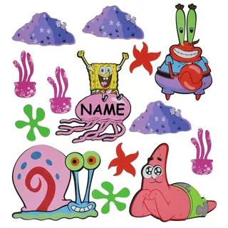 alles-meine.de GmbH 14 TLG. Set: 3-D Wandtattoo/Wandbild/Türschild - Spongebob Schwammkopf aus Moosgummi incl. Namen - Schnecke Gary Wandsticker Wanddeko für Kinderzimmer Kin..