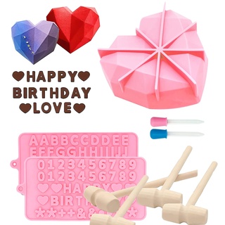 Meajore Herz Silikonform, 3D Herz geformt Kuchen Pfanne, Smash Schokolade Süßigkeiten Herzen mit Holz Hämmer Buchstaben Zahl Tabletts Valentinstag Süßigkeiten (Rosa)