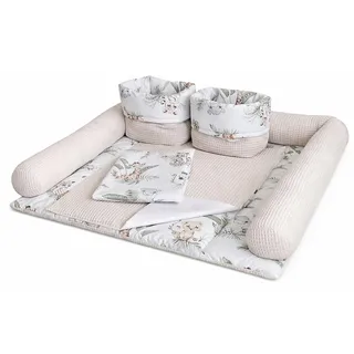 Wickelauflage Set 6-teilig – Wickelunterlage aus Baumwolle & Waffelstoff – Baby Wickelauflage – Geschenk zur Babyparty – Wickeltischauflage – 75x70 cm (Breite x Tiefe), Safari und hellbeige