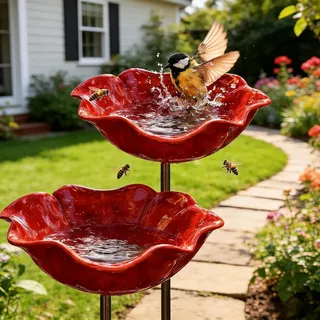 2 Stück Vogeltränke Stehend, 2026 Neue Blumen Gartenstecker Bienentränke Metall, Winterfester Insektentränke Garten, Vogelfutterhaus Gartenfiguren & Gartenstatuen Gartendeko für Draußen (Rot*2)