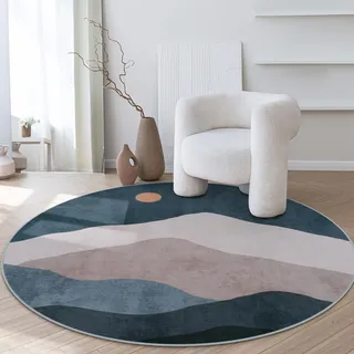 Sungea Boho-Teppich, rund, Klassenzimmer, abstrakt, waschbar, rutschfest, Berggebiet, Kreis, weicher Bergteppich, niedriger Flor, Überwurf, Teppiche für Wohnzimmer, Sofa, Esszimmer, Dekoration (Blau)