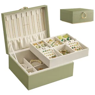 SONGMICS Schmuckkasten Schmuckbox Schmuckaufbewahrung, 2 Ebenen, mit Griff, flexibles Schmucktablett grün