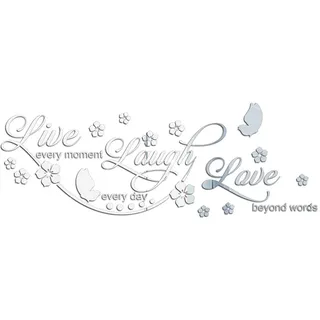 3D Live Love Laugh Blumen Spiegel Wand Aufkleber Dekoration Sofa Hintergrund Wandaufkleber Wandsticker Wandtattoo Wanddeko Wanddekoration Decals für Wohnzimmer Schlafzimmer Wohnkultur,Silber 80x29cm
