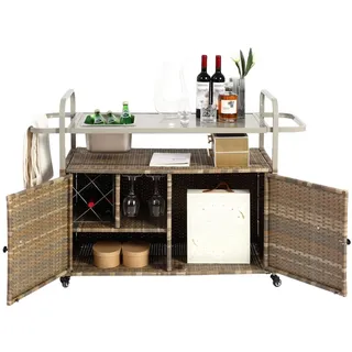 i@home Bartisch (Servierwagen, mit integriertem Eiskübel, Rattan-Schrank), Rollbarer Gartenservierwagen, Grillabende mobile Outdoor-Bartheke beige