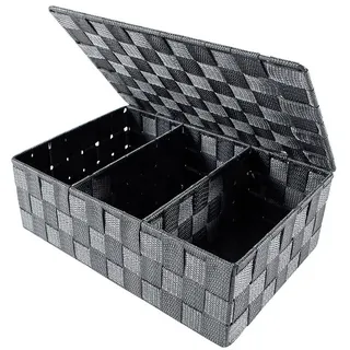 Kobolo Regalkorb Aufbewahrungskorb mit Deckel geflochten 32 x 22 x 10 cm grau
