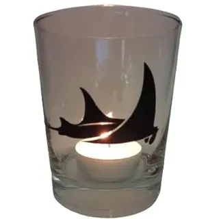 Lichtidee Teelicht Glas Windlicht Tischlicht Print schwarz mit Manta Rochen schwarz Herbst Handmade Unikat Maritim Geburtstag Ostern Muttertaggeschenk, Höhe 8cm,