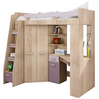 Hochbett mit Schreibtisch, Schrank und Regalen - Platzsparendes Jugendbett - Komplettes Möbelset (120x204 cm) - Kinderbett 80x200 cm mit Stauraum - Treppe Linken Seite (EicheSonoma/Lavendel/Violett)