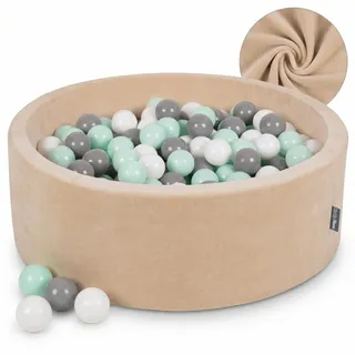 KiddyMoon Velvet Bällebad für Babys 90x30 mit 300 Bälle 7cm Ballgruben Spielbad Kleinkinder Sandbeige - Weiß Grau Mint