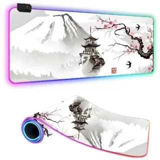FANSU Japanischer Stil RGB Gaming Mauspad XXL, Groß Multifunktionales Mousepad mit 14 Farben LED-Licht, USB, für Computer PC Laptop Tastatur Professionelle Gamer (Fuji,900x400x4mm)
