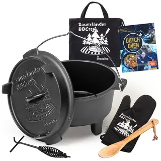 Skandika Grilltopf BBCREW Dutch Oven 8 L, Feuertopf, Gusseisen, Outdoorküche, Gulaschtopf, (Mit Füßen, Tragetasche mit Rucksackfunktion), Emaillierung, Rezeptbuch, Deckelheber, Spülmaschinenfest, auch Pfanne schwarz 33 cm x 36 cm x 18 cm